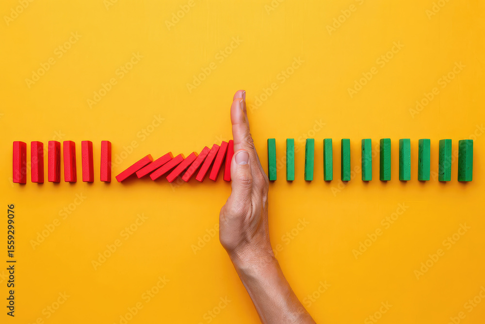 Aufkleber preventing economic collapse a hand halting the domino effect of red blocks while green blocks stand