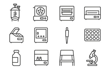 Laboratory equipment icons: autoclave, centrifuge, microscope, pipette, vial