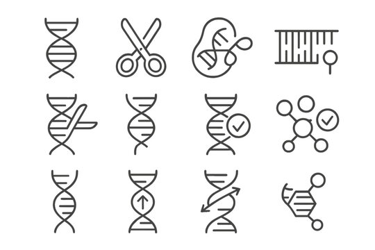 Dna icons set: genetic helix, science, molecular structure, chromosome labels