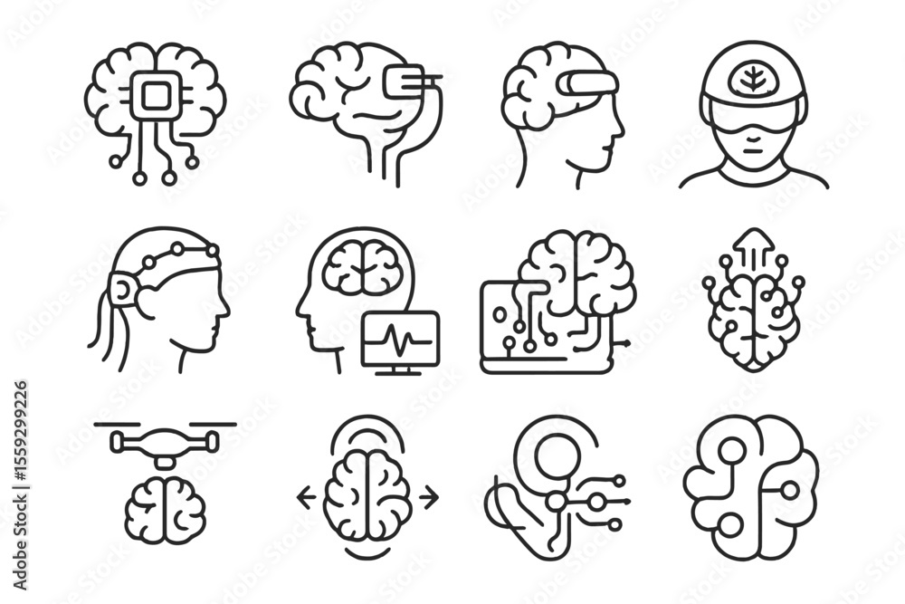 Poster neural interfaces and brain technology conceptual icons on a metallic background