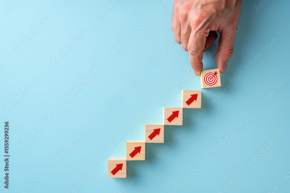 Poster achieving goals a hand placing the final target block on a staircase of progress representing succes