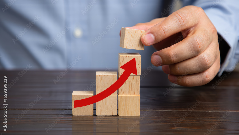 Poster strategic growth a hand placing a wooden block with an upward arrow on top of a stack representing b