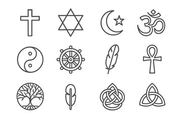 Diverse religious and spiritual symbols on grayscale background