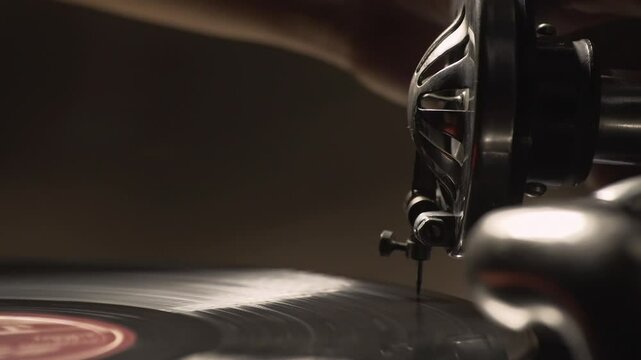 Phonograph Cartridge Of Nostalgic Turntable Plays Music From Vinyl Record. Listening To Stylish Melodies Through Nostalgic Record Player. Nostalgic Groove. Classic Record Player. Retro. Gramophone