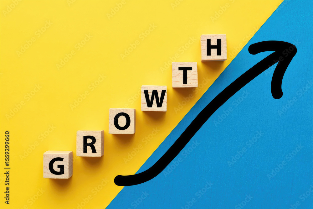 Poster conceptual growth ladder with wooden blocks spelling growth on a split yellow and blue background re