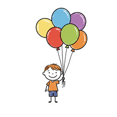 Happy boy holding colorful balloons in playful illustration  