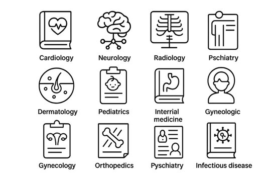Medical specialty icons: cardiology, neurology, radiology, dermatology, pediatrics
