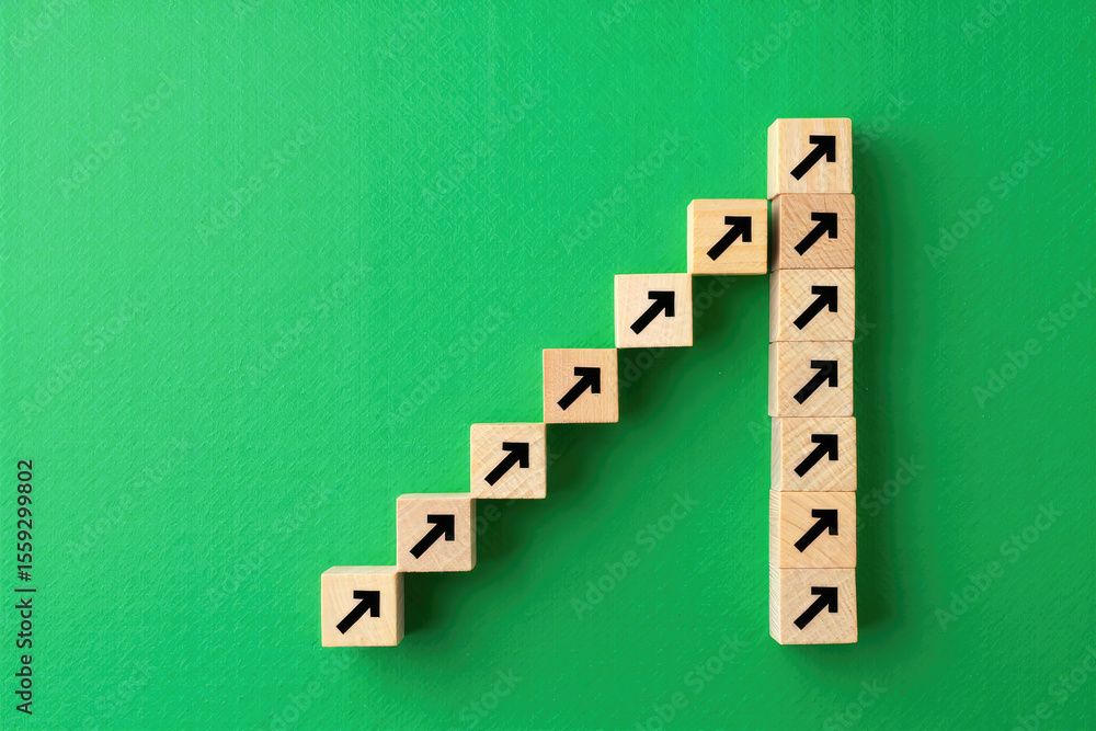 Poster visualizing continuous growth a staircase of wooden blocks with upward arrows representing business 