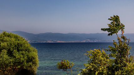 Ajaccio coastline and beach and sanguinaires archipel in Corsica mediterranean sea