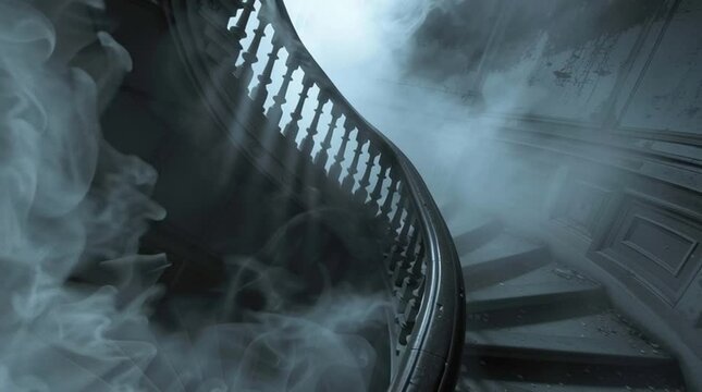 Spooky haunted house staircase with fog and dark atmosphere halloween background video footage stock