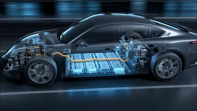 Futuristic electric car displaying transparent view of batteries and advanced internal components in motion on highway