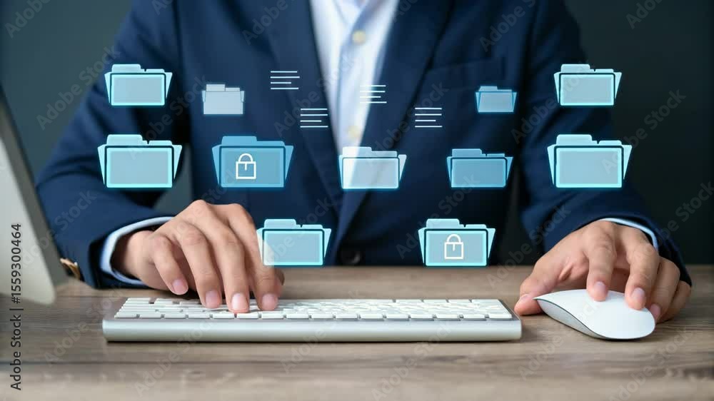 Poster person typing on keyboard with floating folder icons and wearing a blue suit jacket at a desk