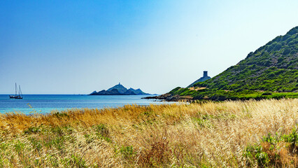 Ajaccio coastline and beach and sanguinaires archipel in Corsica mediterranean sea