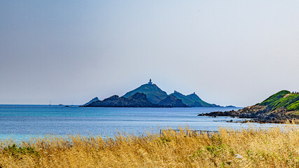 Ajaccio coastline and beach and sanguinaires archipel in Corsica mediterranean sea