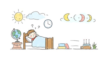 Boy waking up confused in bed with clock and globe in bedroom  