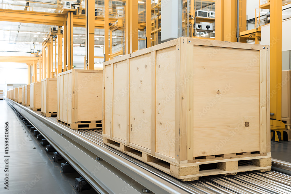 Poster crates on a conveyor system ready for transport. factory setting. wooden crates stacked on pallets. 