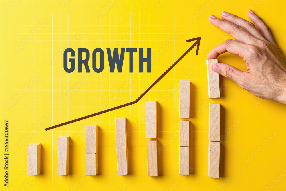 Poster conceptual growth strategy visualization with wooden blocks and upward arrow on yellow grid backgrou