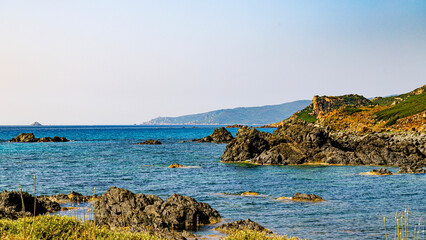 Ajaccio coastline and beach and sanguinaires archipel in Corsica mediterranean sea