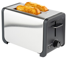 Toaster. Toaster for 2 slice bread, bagel, bun, toast. Toaster of brushed stainless steel, aluminum. Cooking toasted sliced bread for morning meal, breakfast. Electric kitchenware. Isolated background