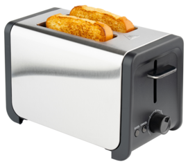 Toaster. Toaster for 2 slice bread, bagel, bun, toast. Toaster of brushed stainless steel, aluminum. Cooking toasted sliced bread for morning meal, breakfast. Electric kitchenware. Isolated background
