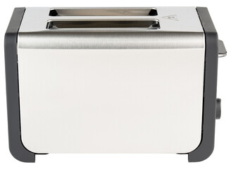 Toaster. Toaster for 2 slice bread, bagel, bun, toast. Toaster of brushed stainless steel, aluminum. Cooking toasted sliced bread for morning meal, breakfast. Electric kitchenware. Isolated background