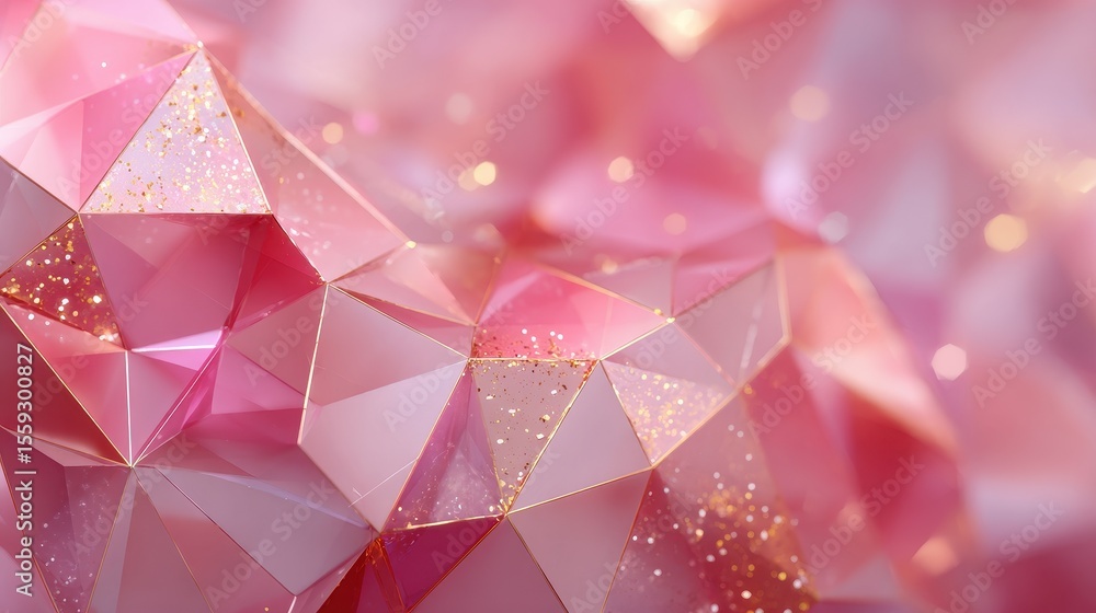 Poster Abstract background of pastel pink, peach, and white triangles with sparkles and glossy reflections create a stylish and modern geometric pattern