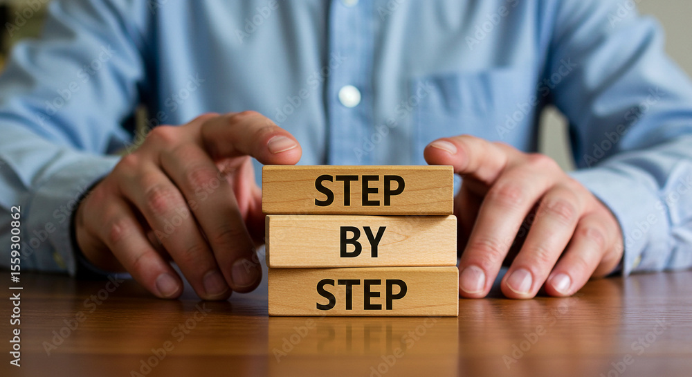Aufkleber step by step guide wooden blocks concept for business success and strategy planning and problem solv