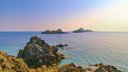 Ajaccio coastline and beach and sanguinaires archipel in Corsica mediterranean sea