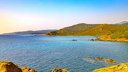 Ajaccio coastline and beach and sanguinaires archipel in Corsica mediterranean sea