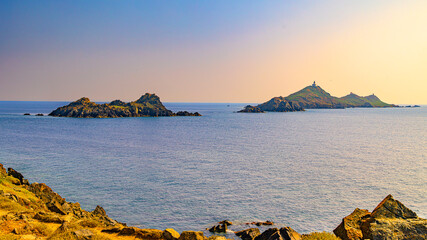 Ajaccio coastline and beach and sanguinaires archipel in Corsica mediterranean sea