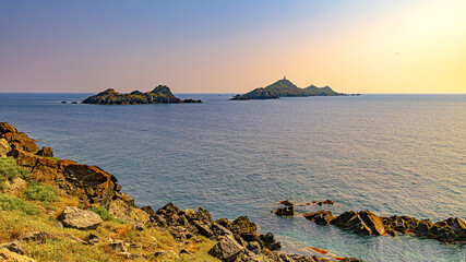 Ajaccio coastline and beach and sanguinaires archipel in Corsica mediterranean sea