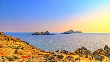 Ajaccio coastline and beach and sanguinaires archipel in Corsica mediterranean sea