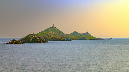 Ajaccio coastline and beach and sanguinaires archipel in Corsica mediterranean sea
