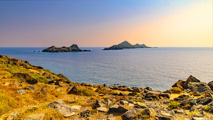 Ajaccio coastline and beach and sanguinaires archipel in Corsica mediterranean sea