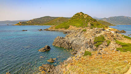 Ajaccio coastline and beach and sanguinaires archipel in Corsica mediterranean sea