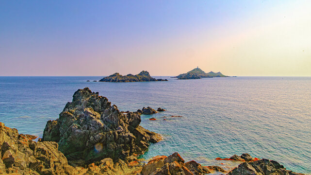 Ajaccio coastline and beach and sanguinaires archipel in Corsica mediterranean sea