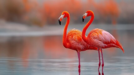 Fototapeta premium Close up of two american flamingos standing in water at sunset in a flock in the caribbean