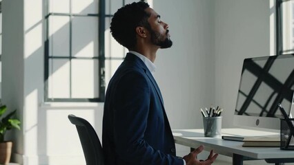 Businessman Meditating at Work Desk in Bright Modern Office. Mindfulness, Stress Relief, Corporate Wellness