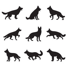  Group of german shepherd various poses silhouettes collection on white background vector