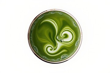 Overhead close-up of a vibrant green matcha latte in a bowl, featuring a visually appealing swirl of creamy white milk art