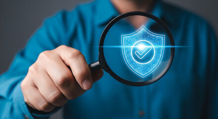 Cyber security audit services and data protection with magnifying glass and shield icon concept