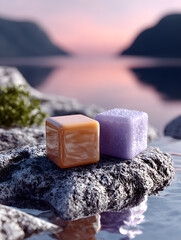 Colorful Abstract Cubes on Lakeside Rock