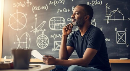 Focused Man Contemplating Complex Mathematical Equations