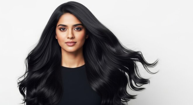 Beautiful woman with long flowing black hair in motion wearing black top on white background. Hair care and beauty concept with copy space for text.