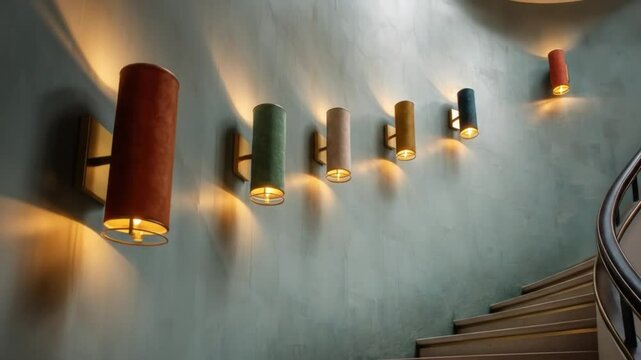 Illuminated sconces lining a staircase wall with a curved banister creating a warm ambiance indoors