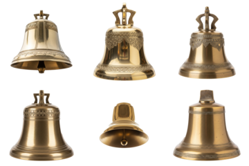 Set of six decorative brass bells arranged artistically against a transparent backdrop