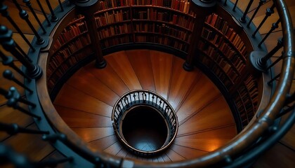 Obraz premium Spiral Stair Top ViewMetal & Wood DesignElegant Stair GeometryArchitectural Spiral FormGeometric Staircase ShotTop View Spiral StairsRefined Stair DetailModern Spiral Elegance