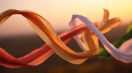 Saffron, white, and green silk ribbons flowing against a sunset sky with marigold petals.