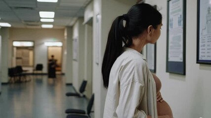Pregnant woman standing in hospital corridor – anticipation, health care, motherhood, quiet moment