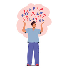 Unhappy frustrated boy cartoon character having troubles with language learning due to dyslexia